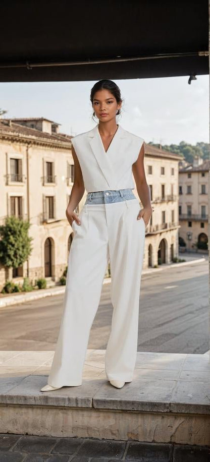 Denim Band White trousers - House Of Mone