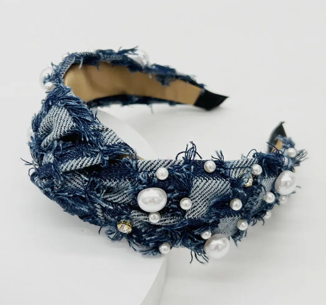 Distressed Denim Pearl headband - House Of Mone