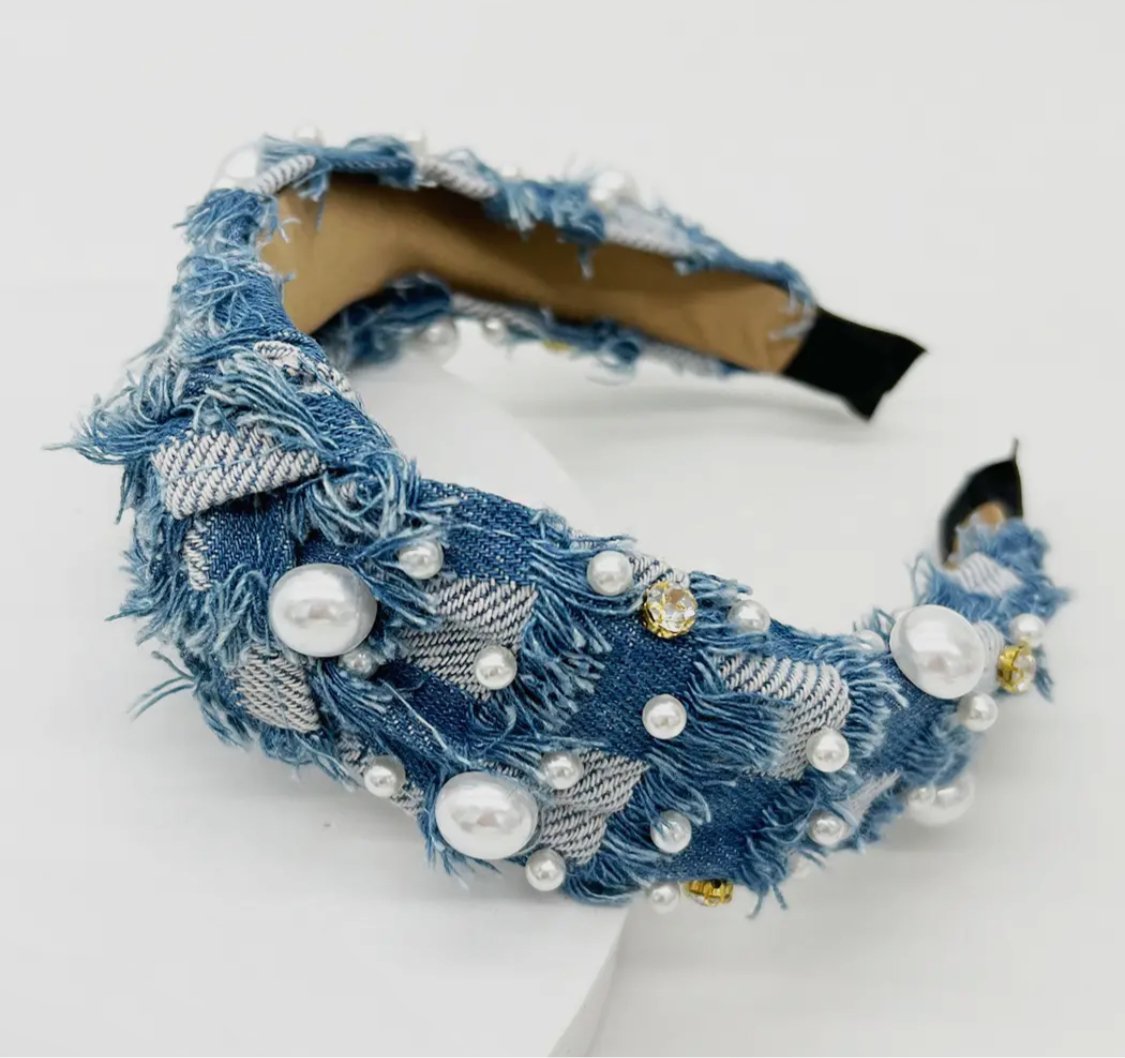 Distressed Denim Pearl headband - House Of Mone