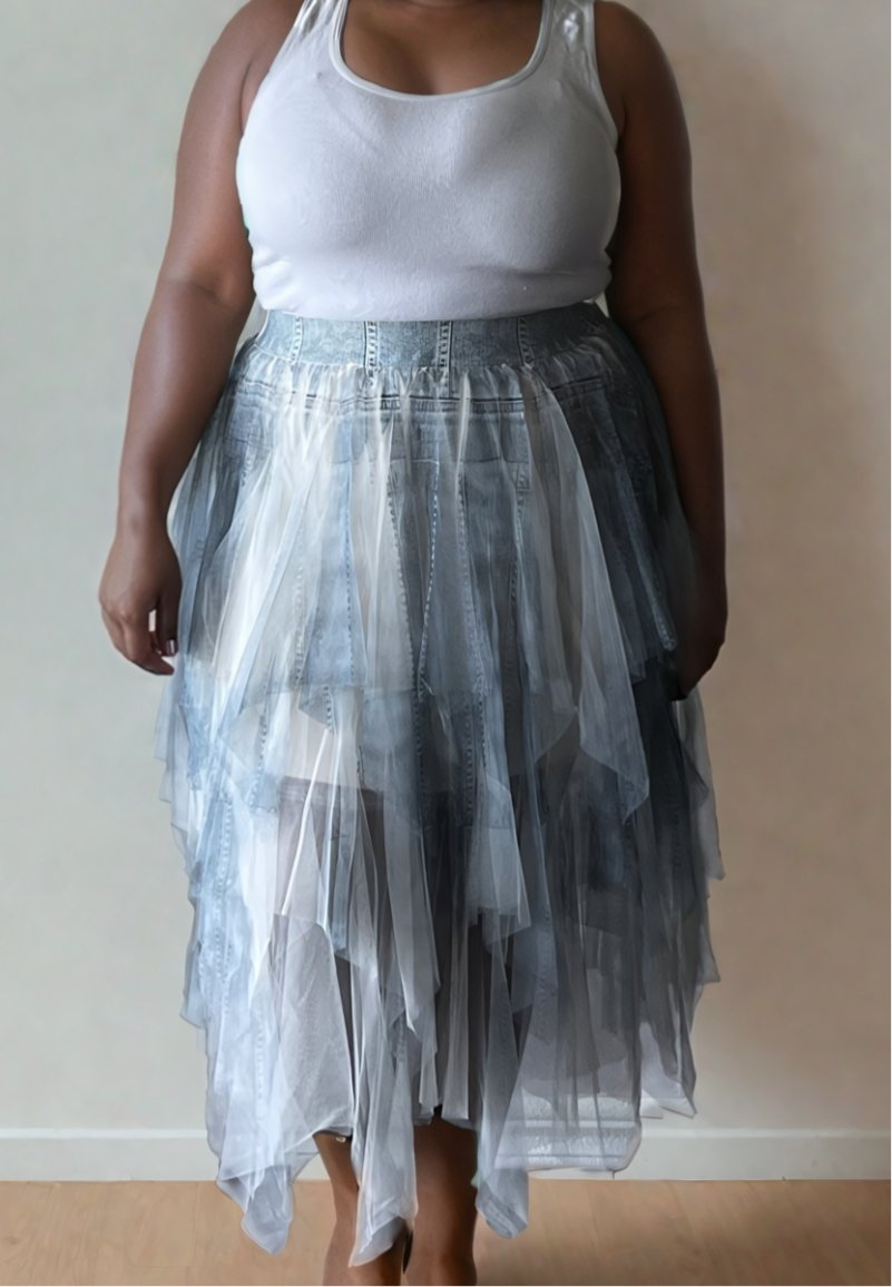 Sheer Denim Print Skirt - House Of Mone